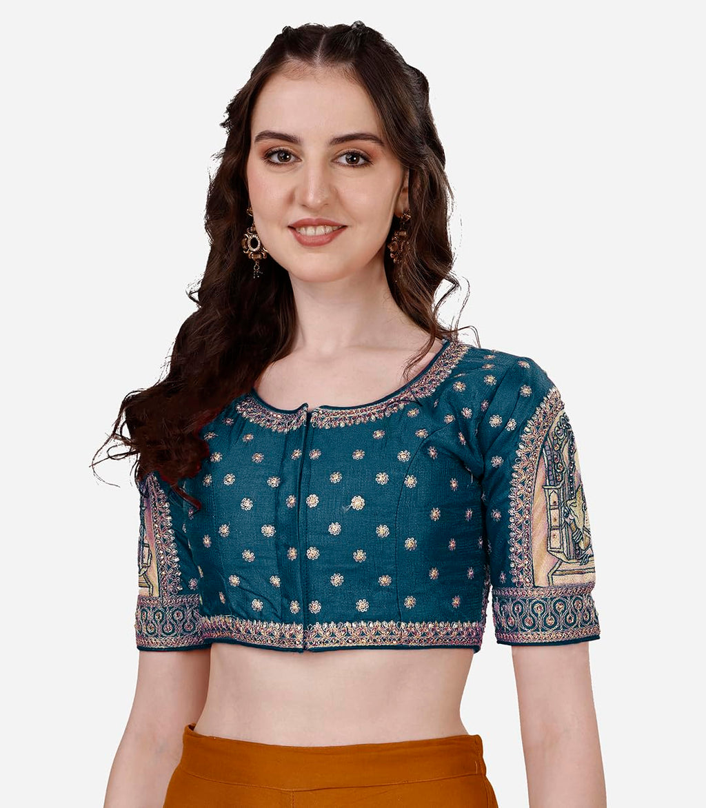 Vihu Fashion Womens Heavy Embroidery Coding with Sequins and Diamond Work Half Sleeves Fancy Cutwork Readymade Saree Blouse.(Pa