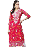 Gosriki Women'S Printed Georgette Chikankari Embroidered Kurti (Gori-Dark Pink-Nw-Gs_S_Dark Pink_Small)