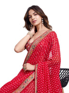 VAIRAGEE Women Soft Georgette Red Printed Embroidery Saree With Unstiched Blouse(6253)