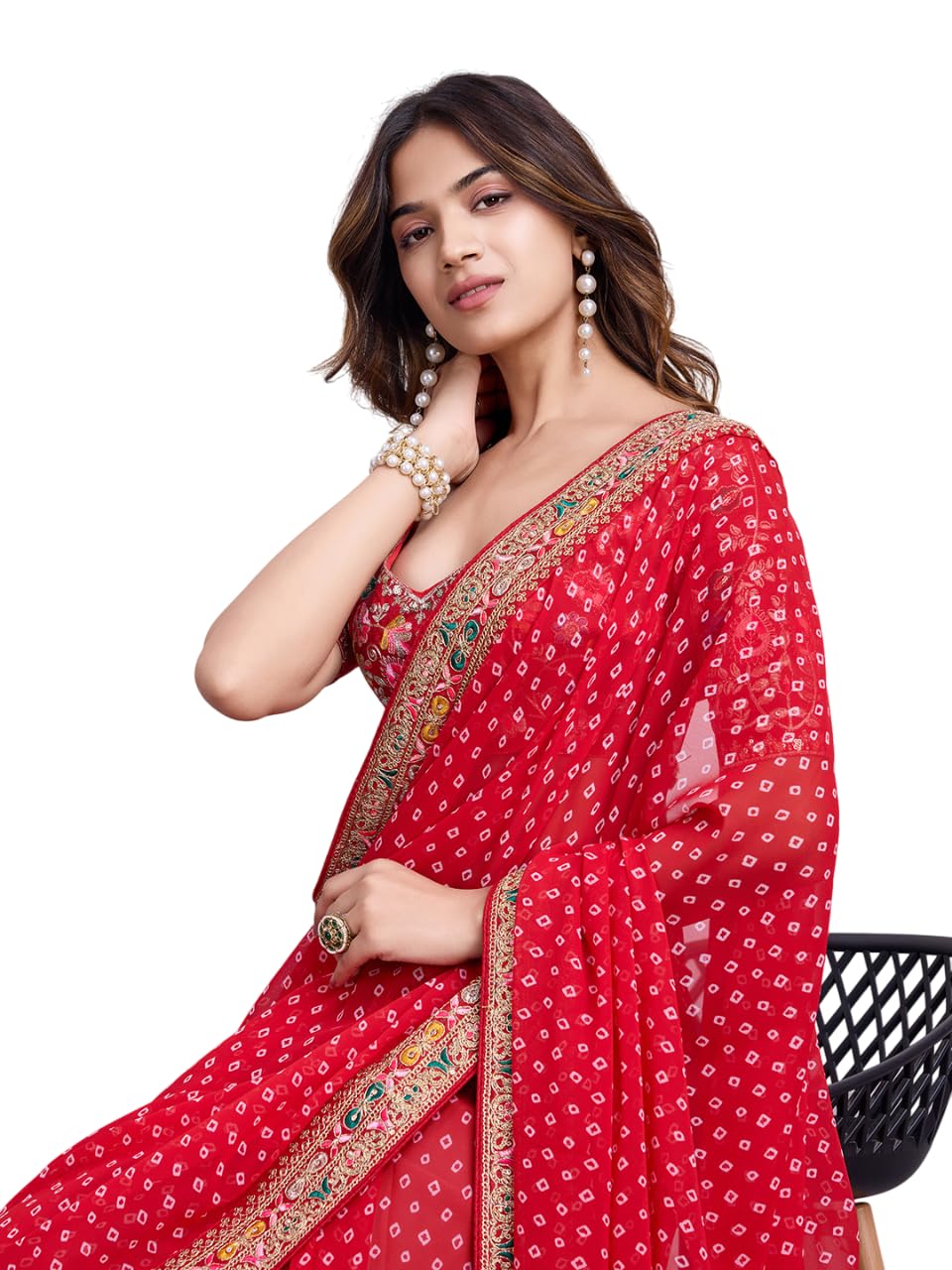 VAIRAGEE Women Soft Georgette Red Printed Embroidery Saree With Unstiched Blouse(6253)