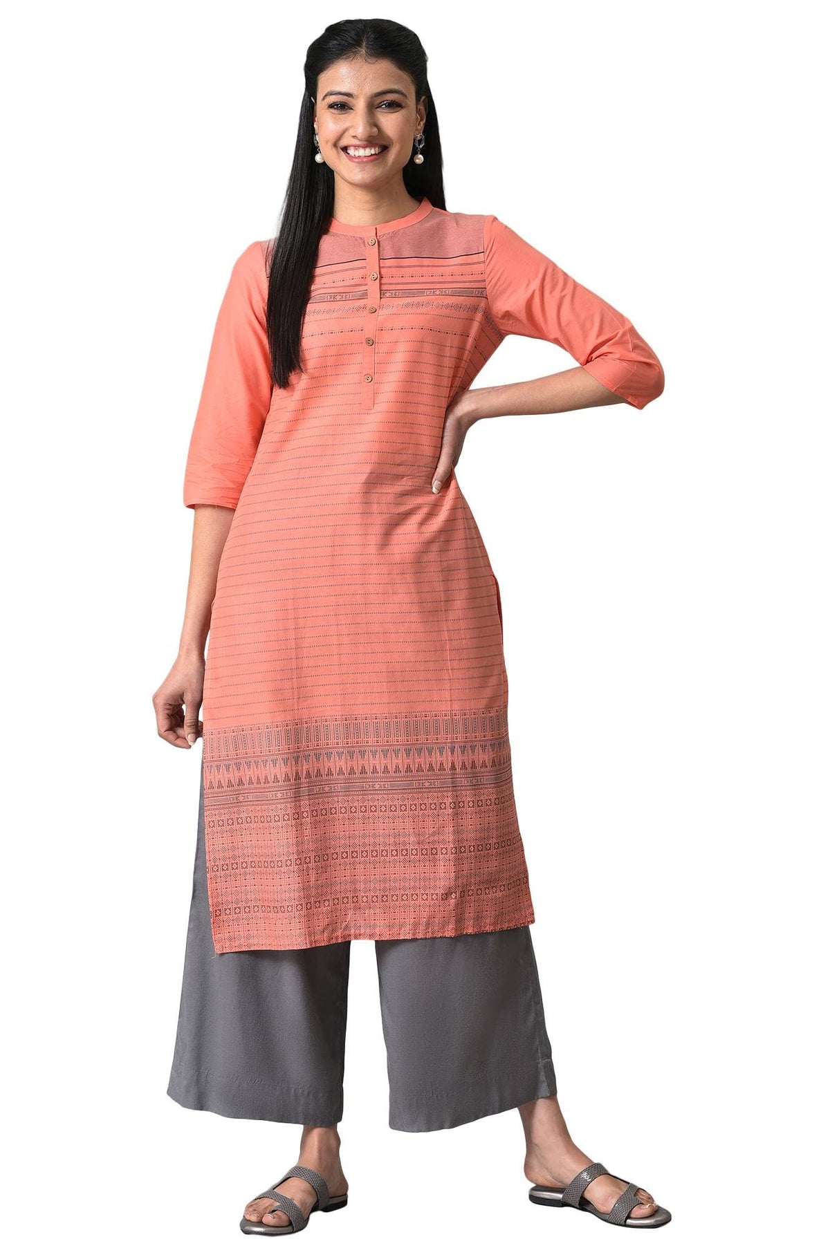 Peach Mandarin Neck Printed Kurta