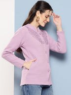 Aarika Womens Winter Wear Purple Colour Embroidery Woolen Cardigan (S-L)