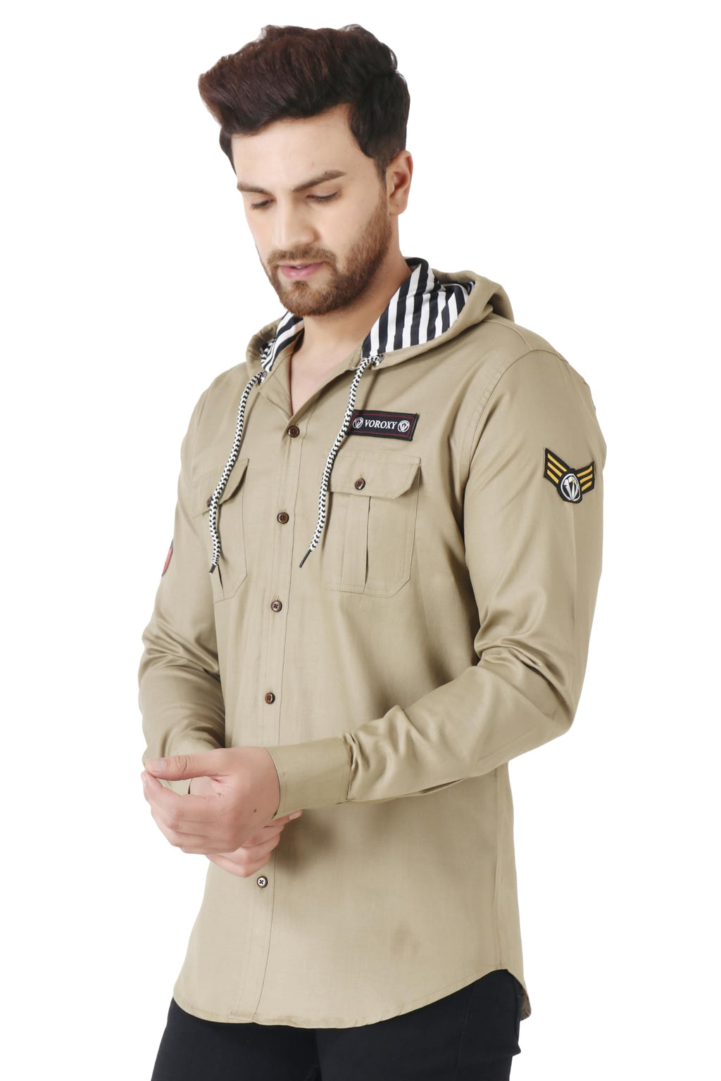 Besix MenS Cream Tailored Fit Cotton Blend Shirt For Man With Hoodie - Casual Long Sleeve Shirt With Pockets - Patch Detail For