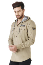 Besix MenS Cream Tailored Fit Cotton Blend Shirt For Man With Hoodie - Casual Long Sleeve Shirt With Pockets - Patch Detail For