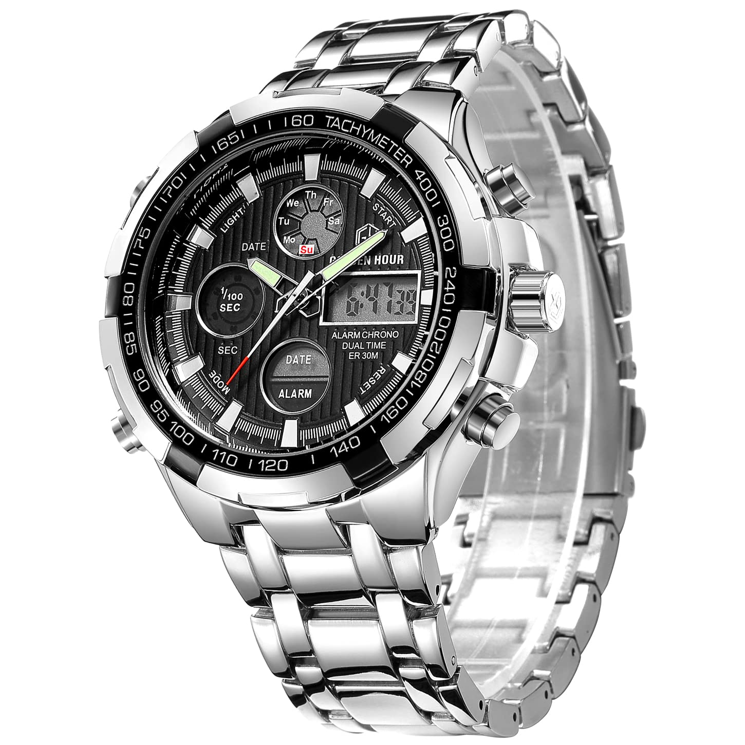 GOLDEN HOUR Luxury Stainless Steel Analog Digital Watches for Men Male Outdoor Sport Waterproof Big Heavy Wristwatch (Silver Bla