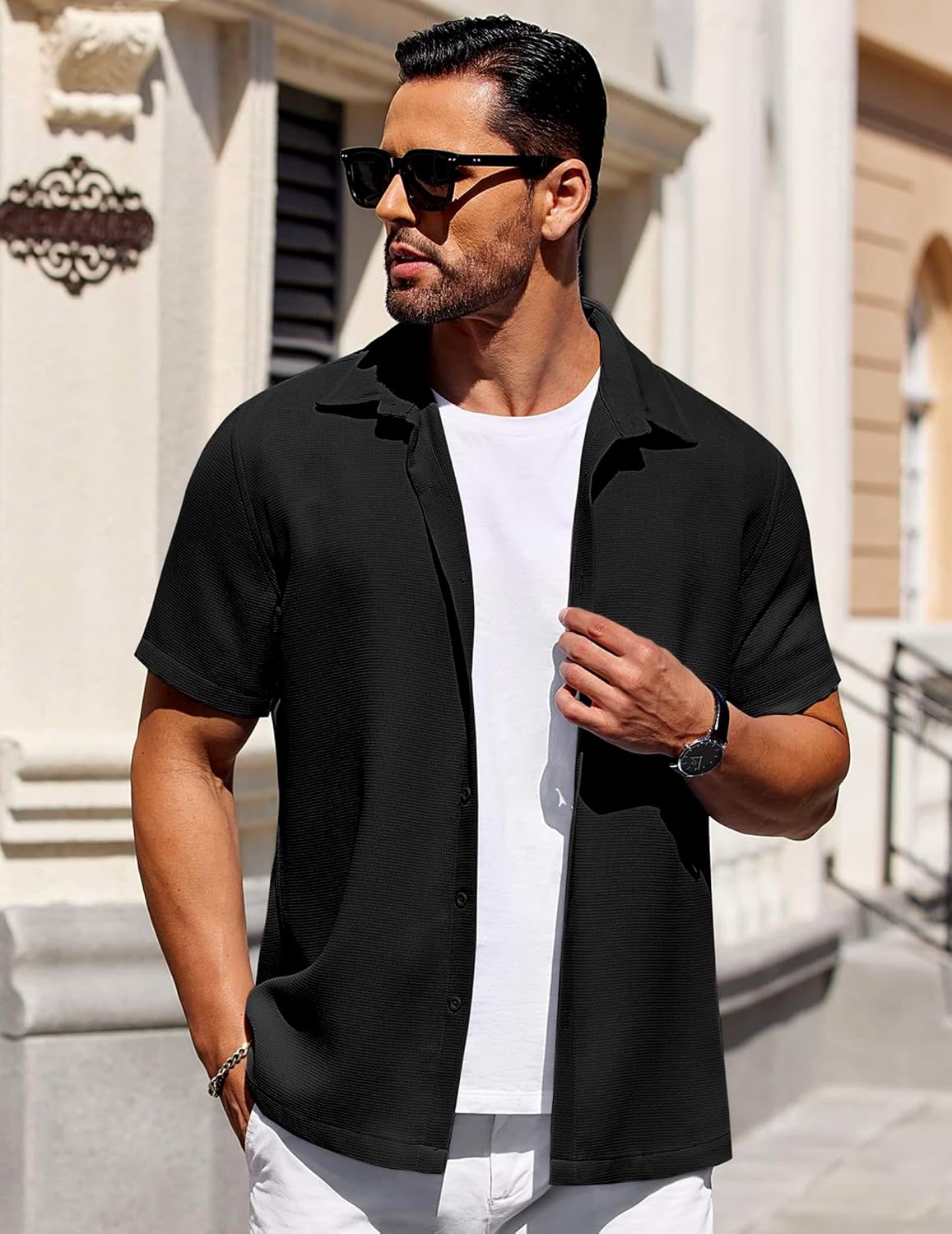 CB-COLEBROOK Mens Waffle Knit Shirt Short Sleeve Button Down Shirts Casual Beach Vacation Shirts Latest Textured Wrinkle Free Sh