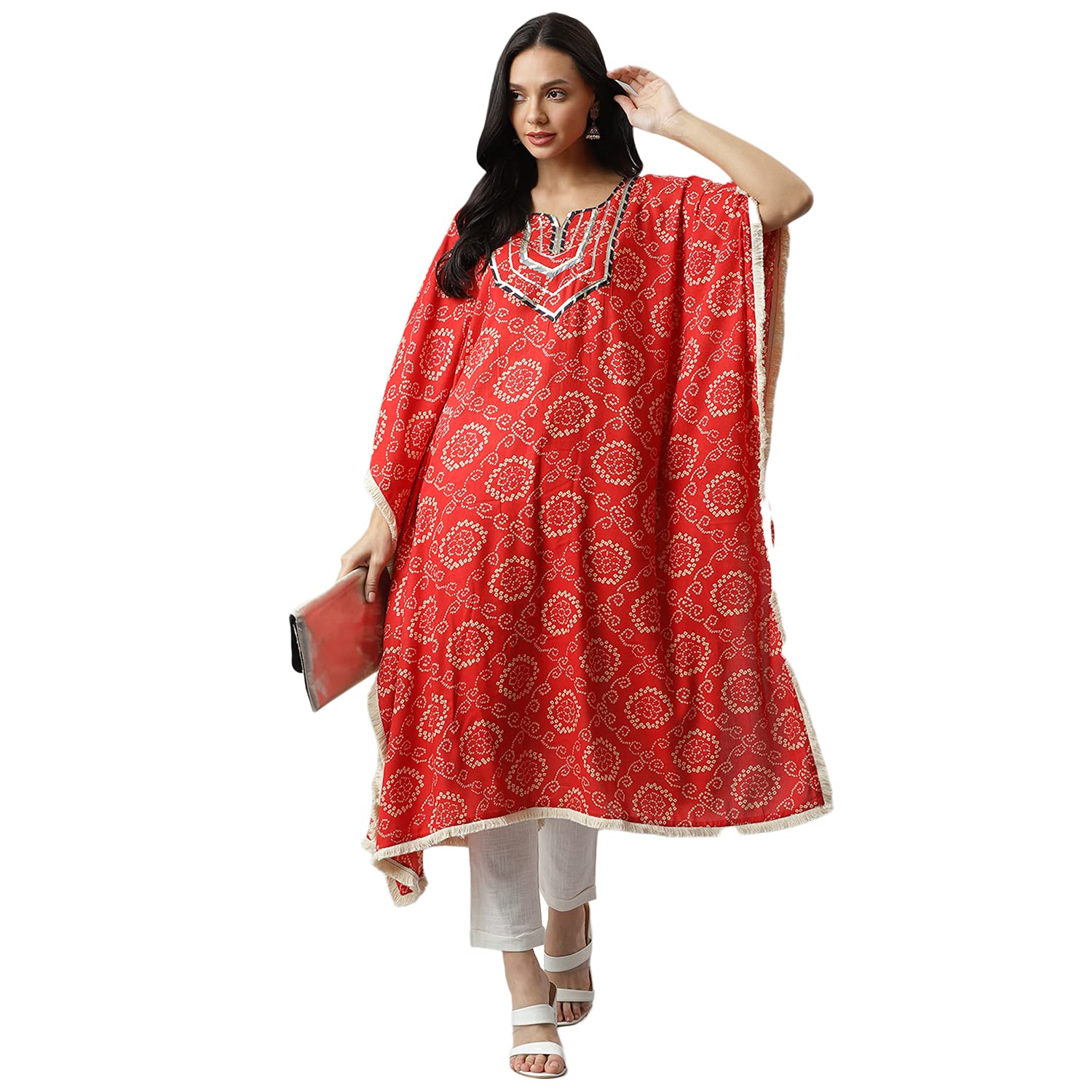 Stylum Women'S Bandhani Print Rayon Kaftan Kurta (Kaft1Red38_Red, M)