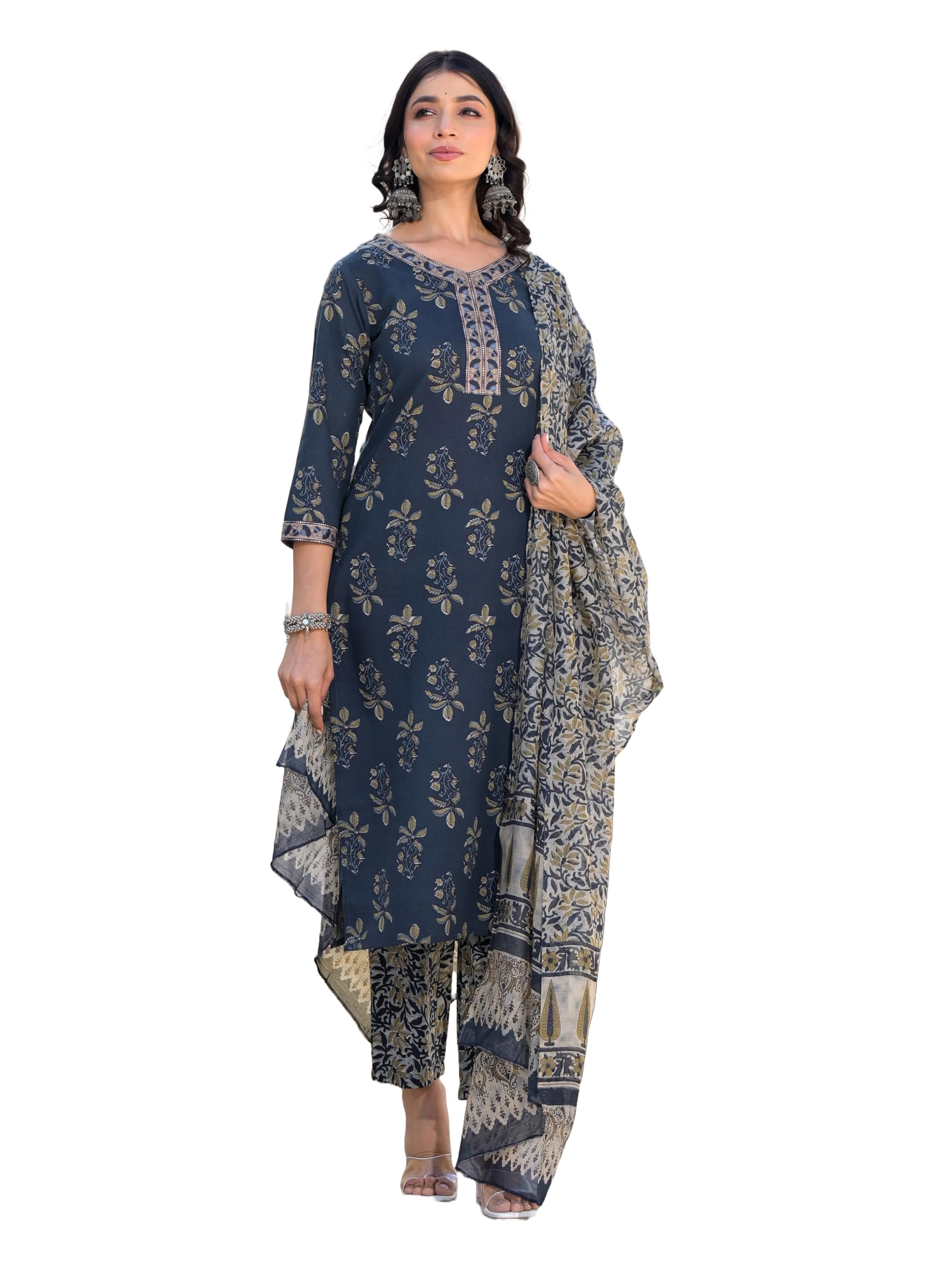 Nermosa Printed Straight Kurta And Pant Set With Dupatta (Large)