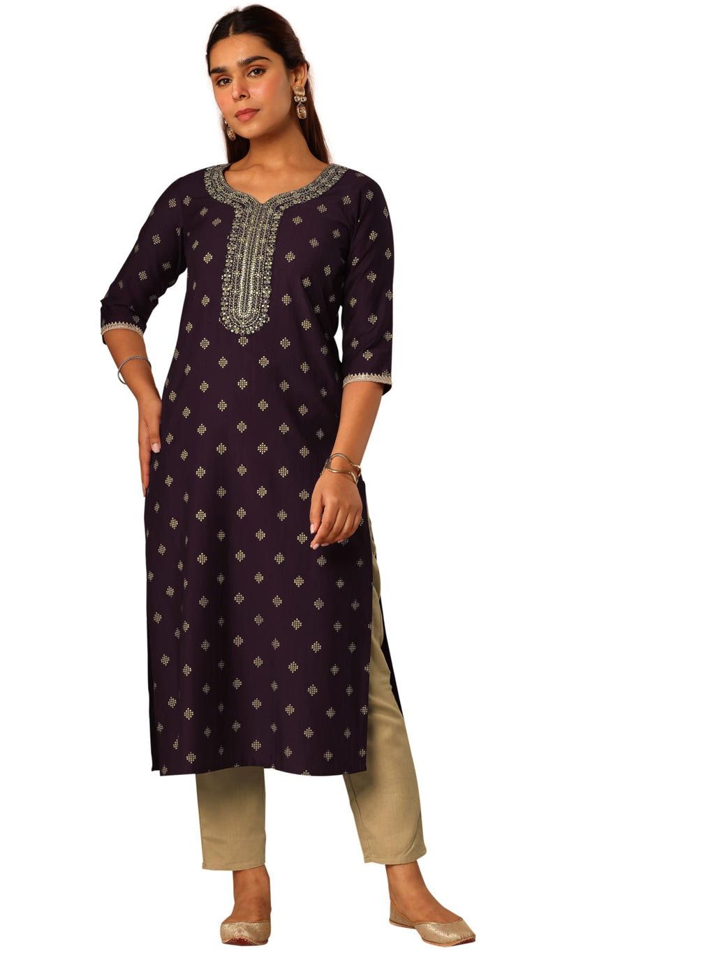 Libas Womens Woven Design Silk Blend Straight Kurta for Women Burgundy