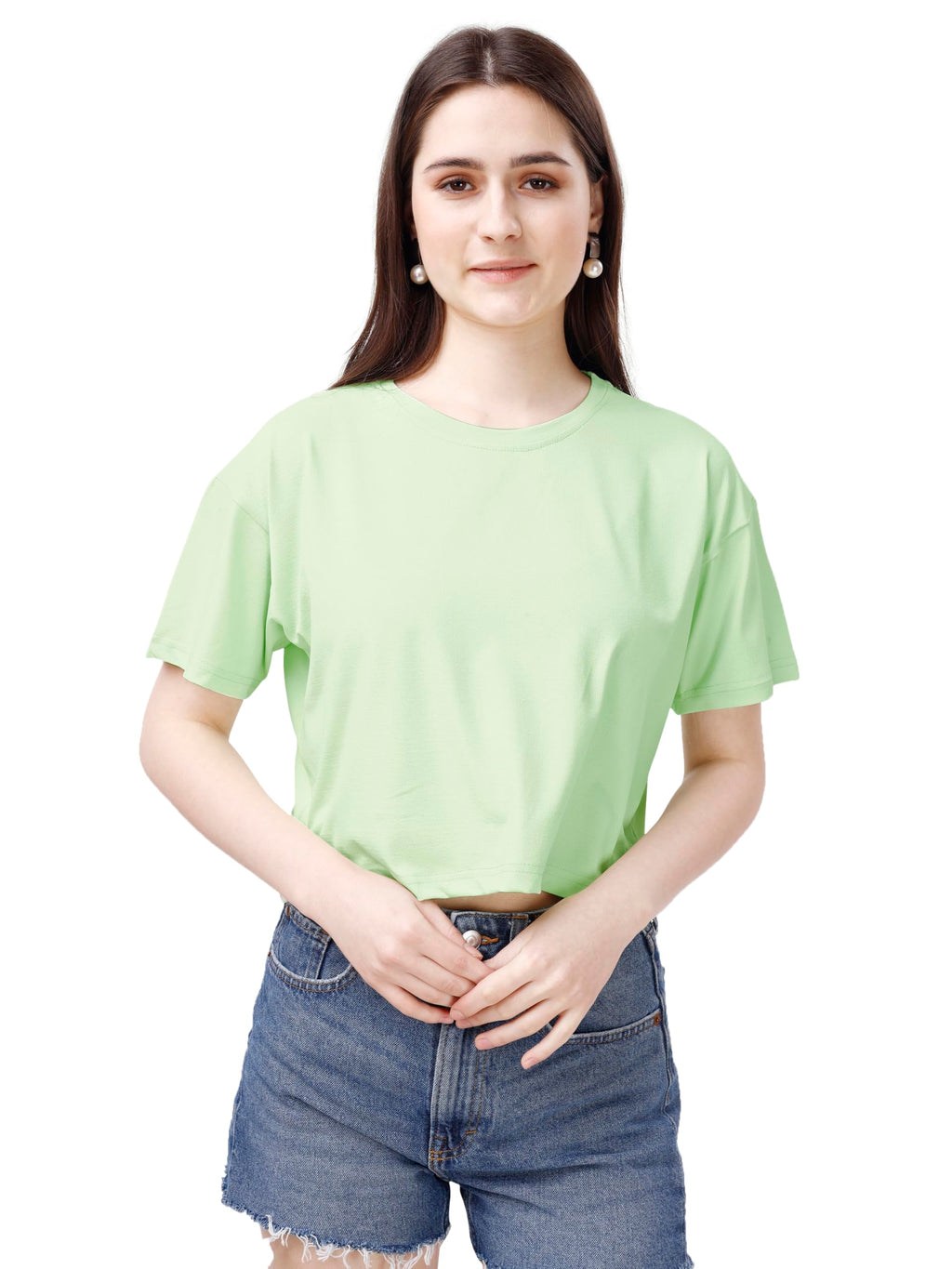 ELLITI Soft Rich Cotton Cyan/See Green Half Sleeve | Round Neck | Oversized/Loose Fit | Down Solder | Plain/Soild Crop Top for W