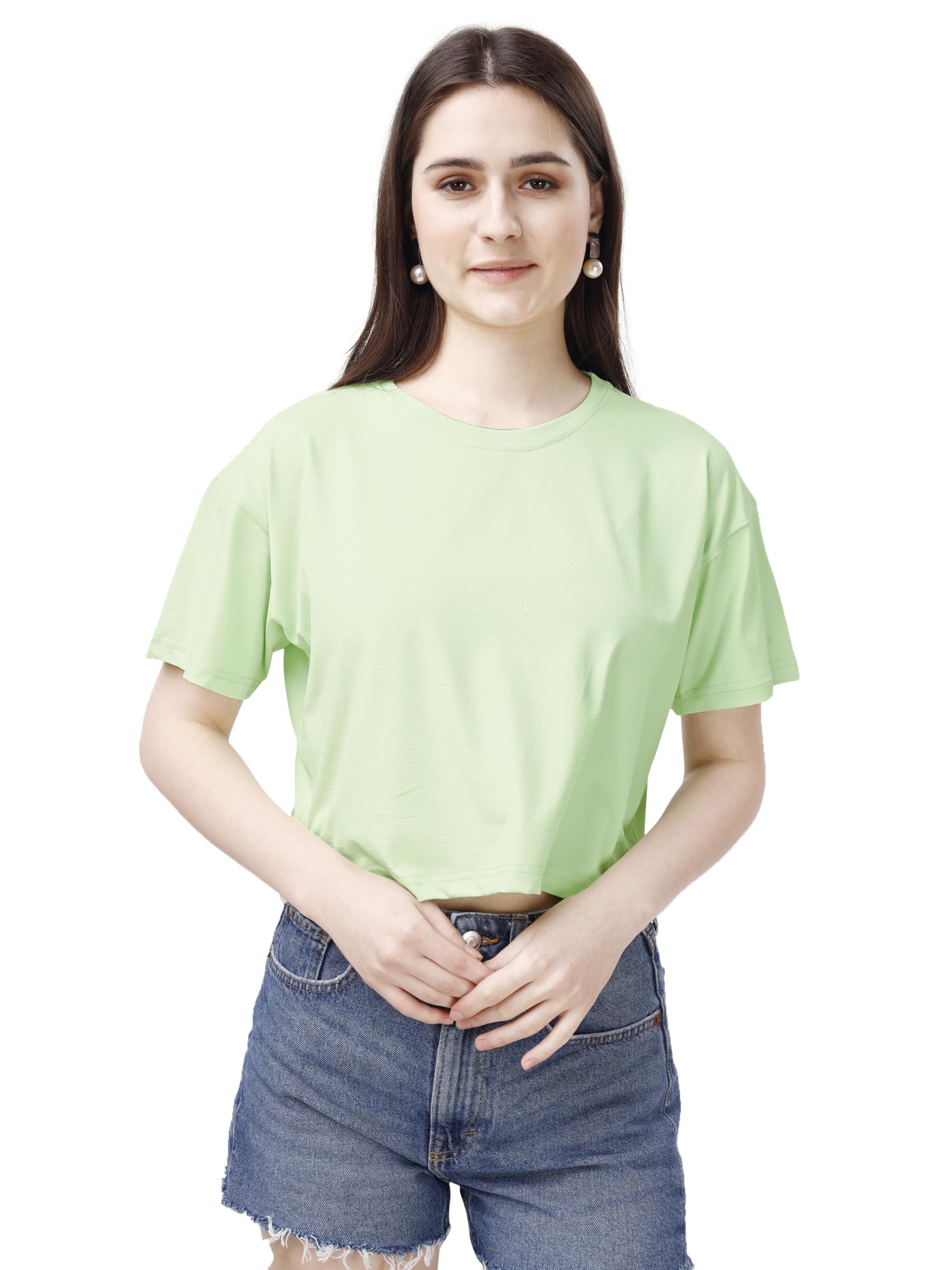 ELLITI Soft Rich Cotton Cyan/See Green Half Sleeve | Round Neck | Oversized/Loose Fit | Down Solder | Plain/Soild Crop Top for W