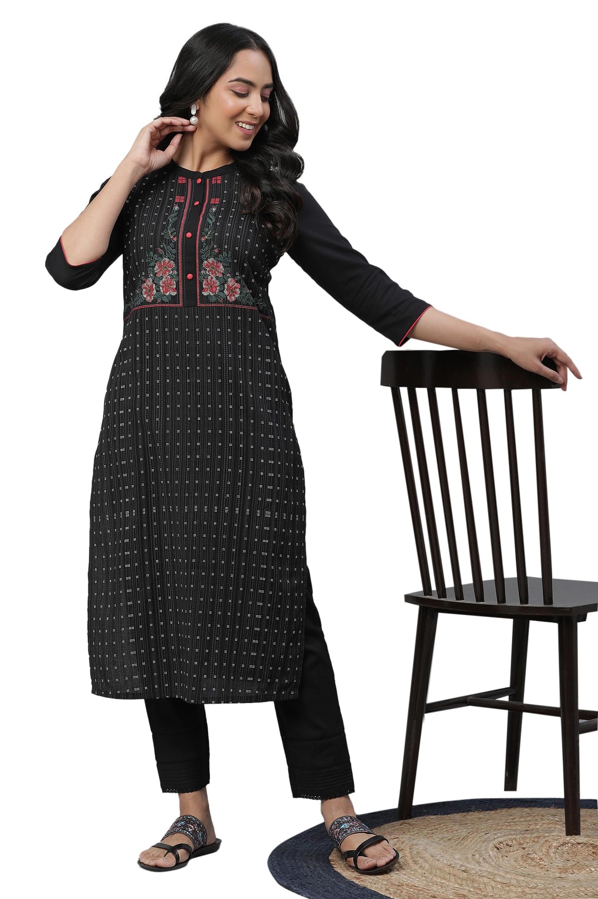 Aurelia Womens Black Printed Cotton Blend Straight Kurta and Trouser Set (size:S)-VCSTB2A-10051