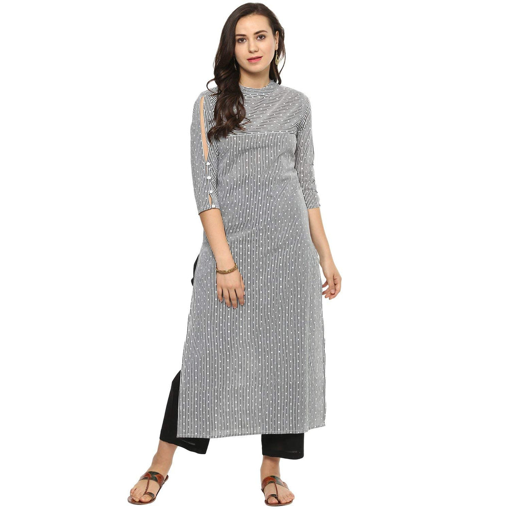 Idalia Black And White Dotted Stripes Straight Cotton Kurta For Women