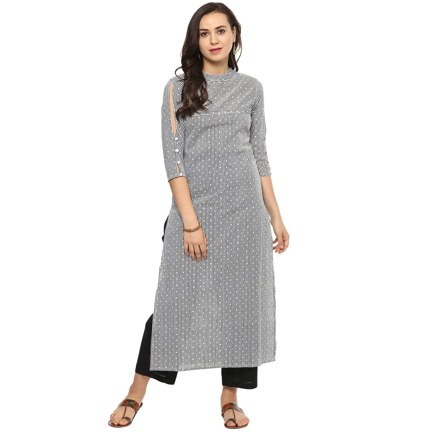 Idalia Black And White Dotted Stripes Straight Cotton Kurta For Women