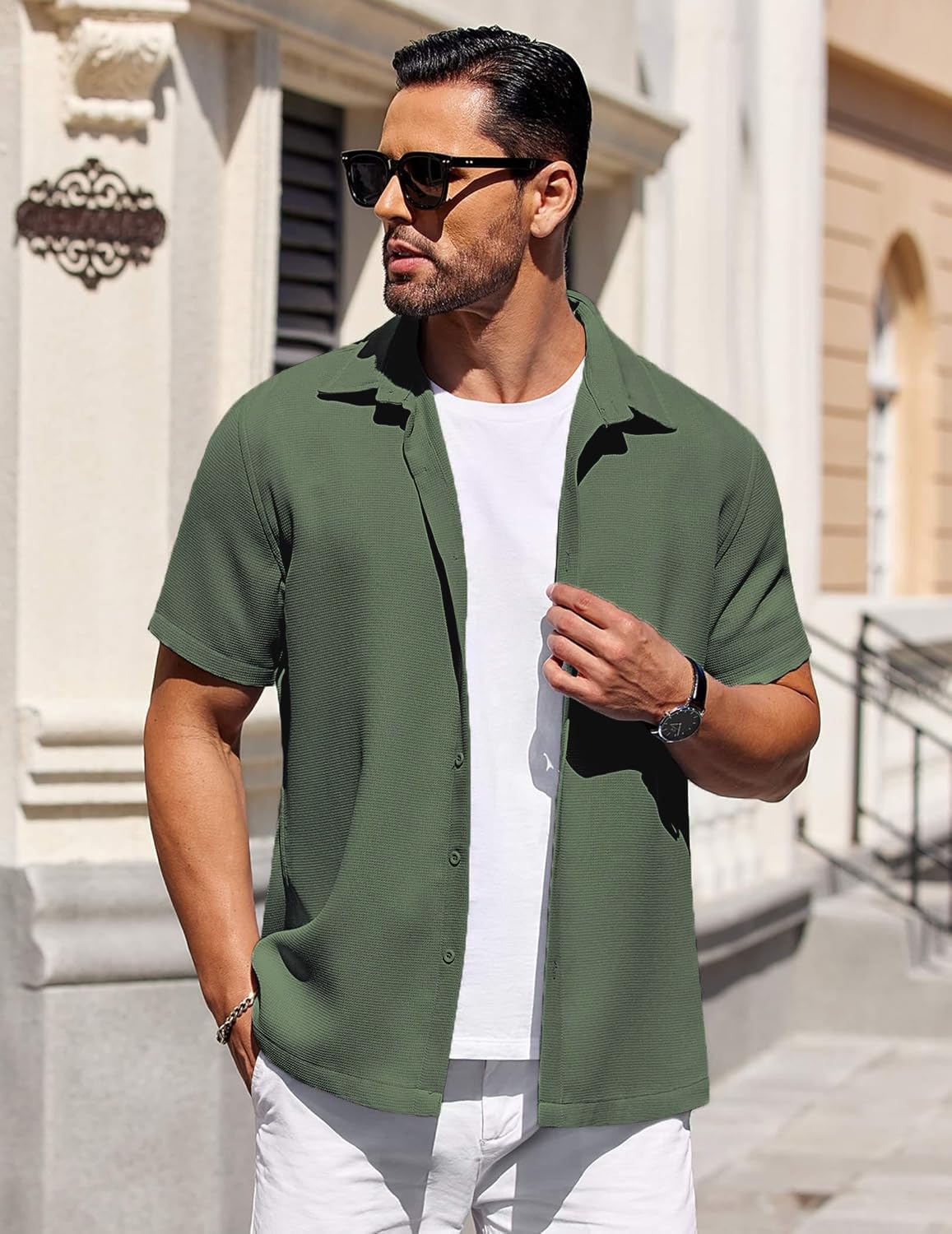 CB-COLEBROOK Mens Waffle Knit Shirt Short Sleeve Button Down Shirts Casual Beach Vacation Shirts Latest Textured Wrinkle Free Sh