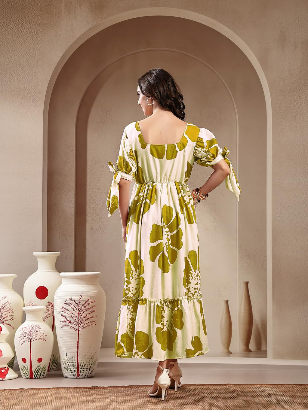 Stylum Womens Green Floral Printed Rayon Tiered Dress