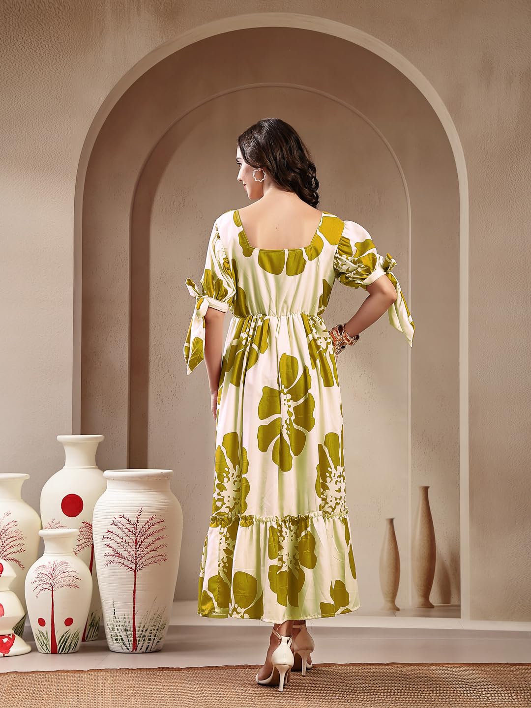 Stylum Womens Green Floral Printed Rayon Tiered Dress