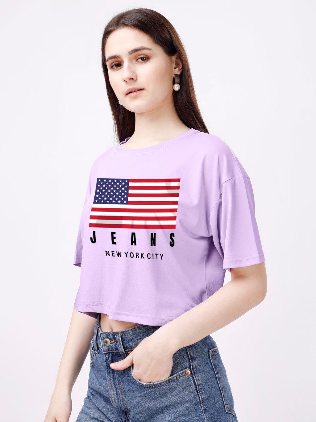 ELLITI Soft Rich Cotton Lavender/Purple Half Sleeve | Round Neck | Oversized/Loose Fit | Down Solder | US Flage Print Crop Top f