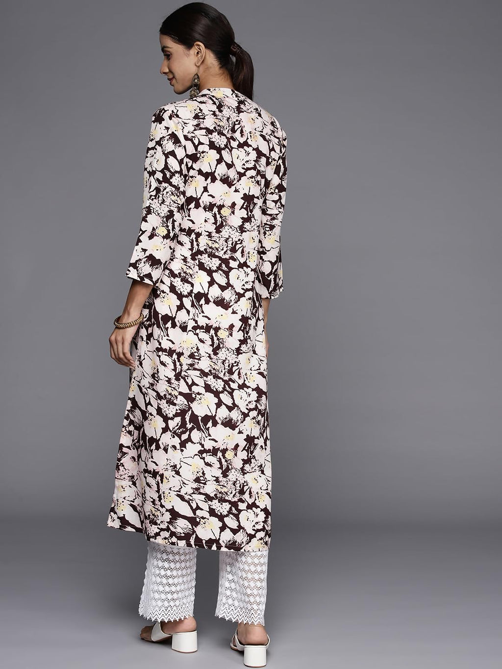 Varanga Brown Floral Printed Mandarin Collar With Slit, Three Quarter Sleeves, Empire Line Gather Detail A-Line Kurta With Side Slits