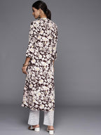 Varanga Brown Floral Printed Mandarin Collar With Slit, Three Quarter Sleeves, Empire Line Gather Detail A-Line Kurta With Side Slits