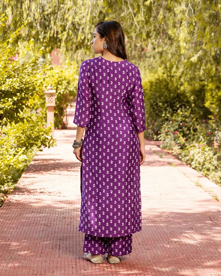 ANNI DESIGNER Womens Cotton Blend Straight Printed Kurta with Palazzo (Tenzin Purple_S_Purple_Small)
