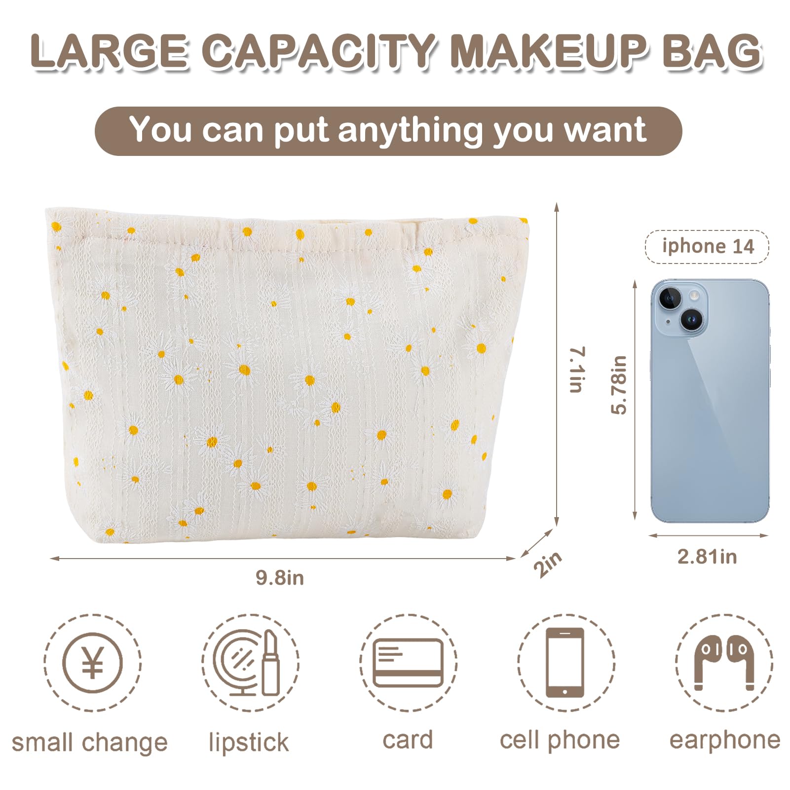 ZLFSRQ Daisy Flower Makeup Bag Travel Cute Floral Cosmetic Bags for Women Large White Makeup Pouch Zipper Cosmetic Pouch for Pur