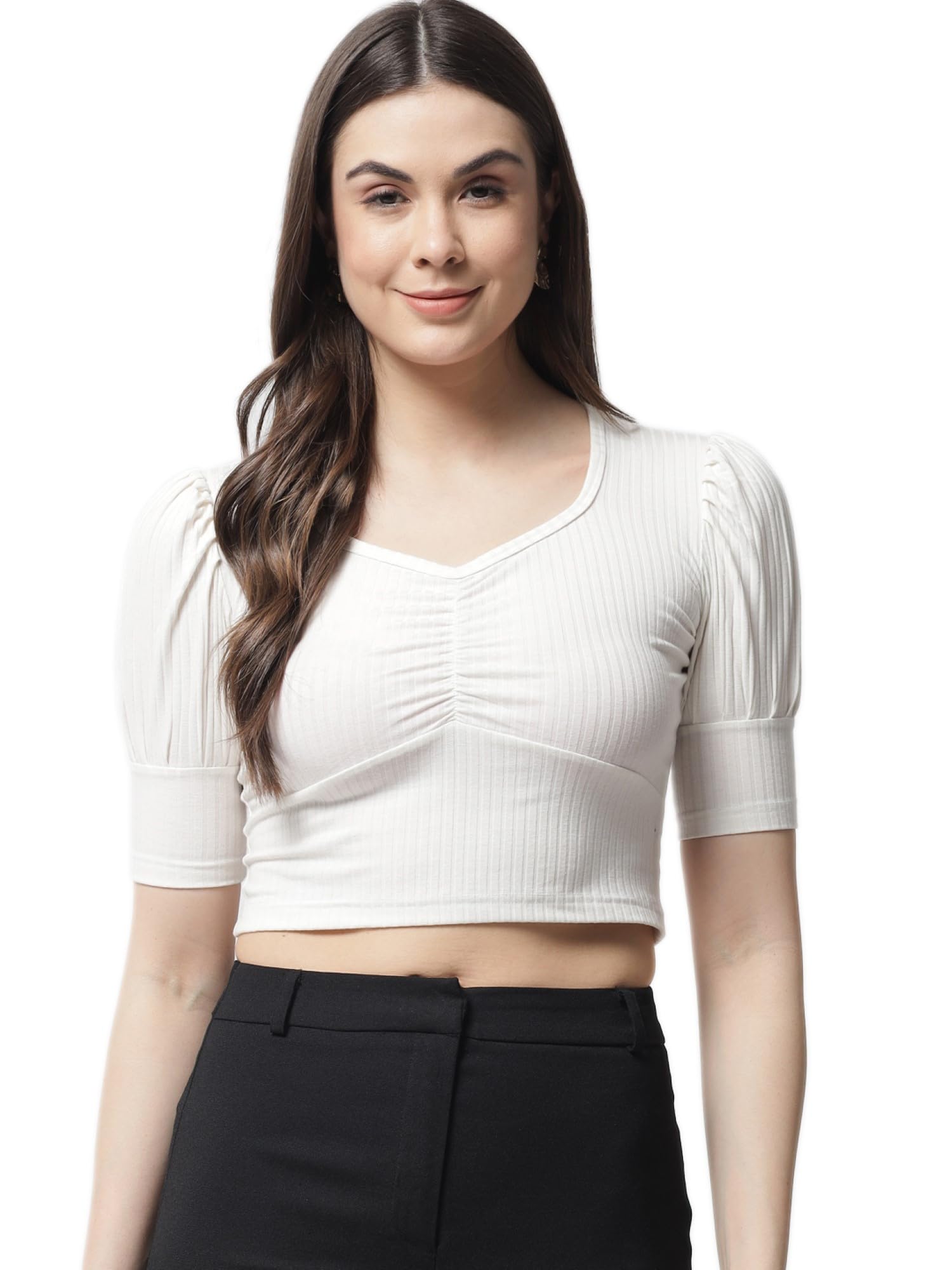 POPWINGS Casual Puff-Sleeves Ribbed Crop Top for Women || Sweet Heart Neck Summer Crop Top for Women || Crop Tops for Women Late
