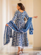 ANNI DESIGNER Womens Rayon Blend Anarkali Printed Kurta with Pant & Dupatta (YUTIKA Blue_L_Blue_Large)