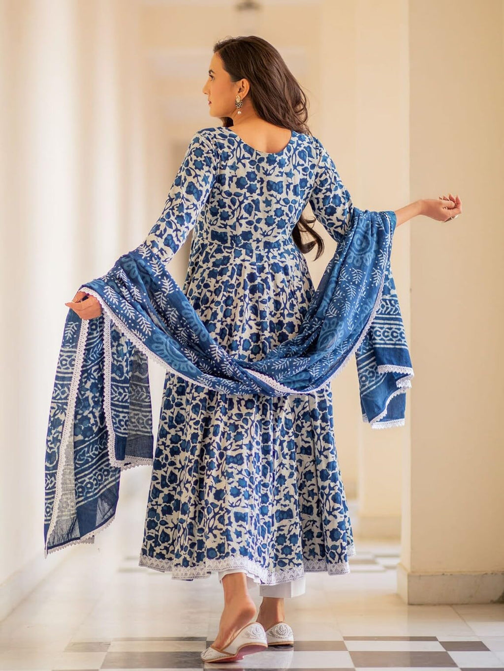 ANNI DESIGNER Womens Rayon Blend Anarkali Printed Kurta with Pant & Dupatta (YUTIKA Blue_XXL_Blue_XX-Large)