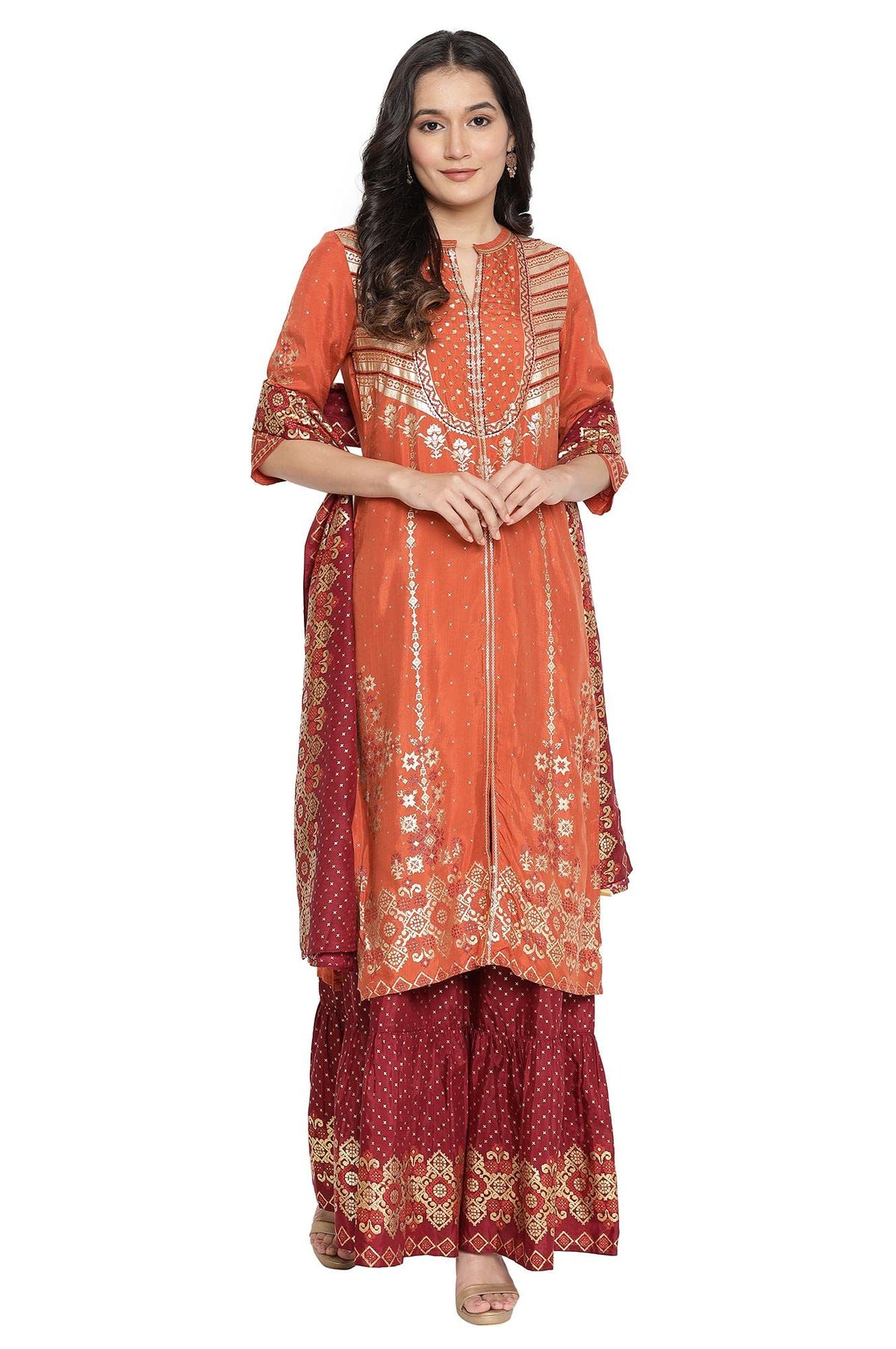 Aurelia WomenS Viscose Printed Straight Fit Kurta (21Aua12507-501924-Orange-S_Cinnamon Stick_S)
