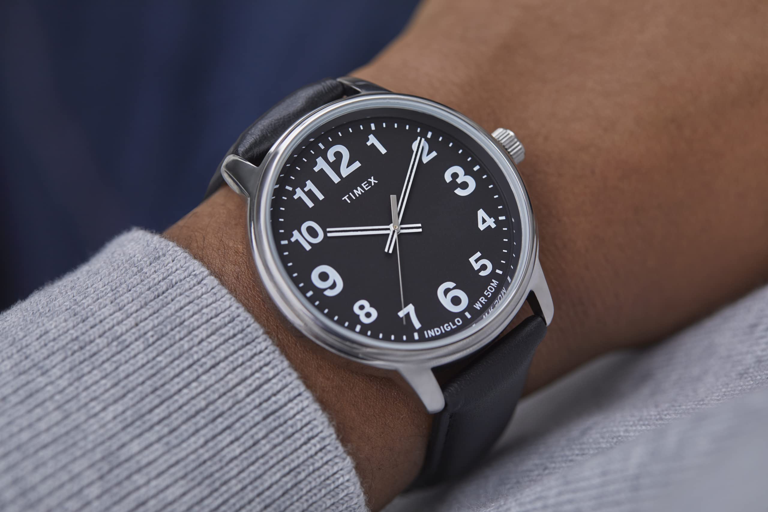 Timex Men's Easy Reader Bold 43mm Watch - Silver-Tone Case Black Dial with Black Leather Strap