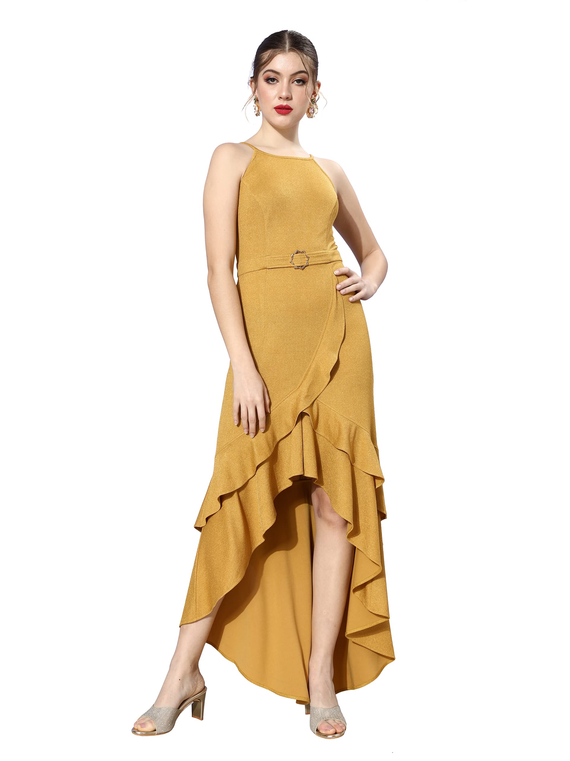 Miss Chase Womens Mustard Halter Neck Sleeveless Knit Halter Neck Solid Dress (MCAW21D99-66-183-05, Mustard, L)