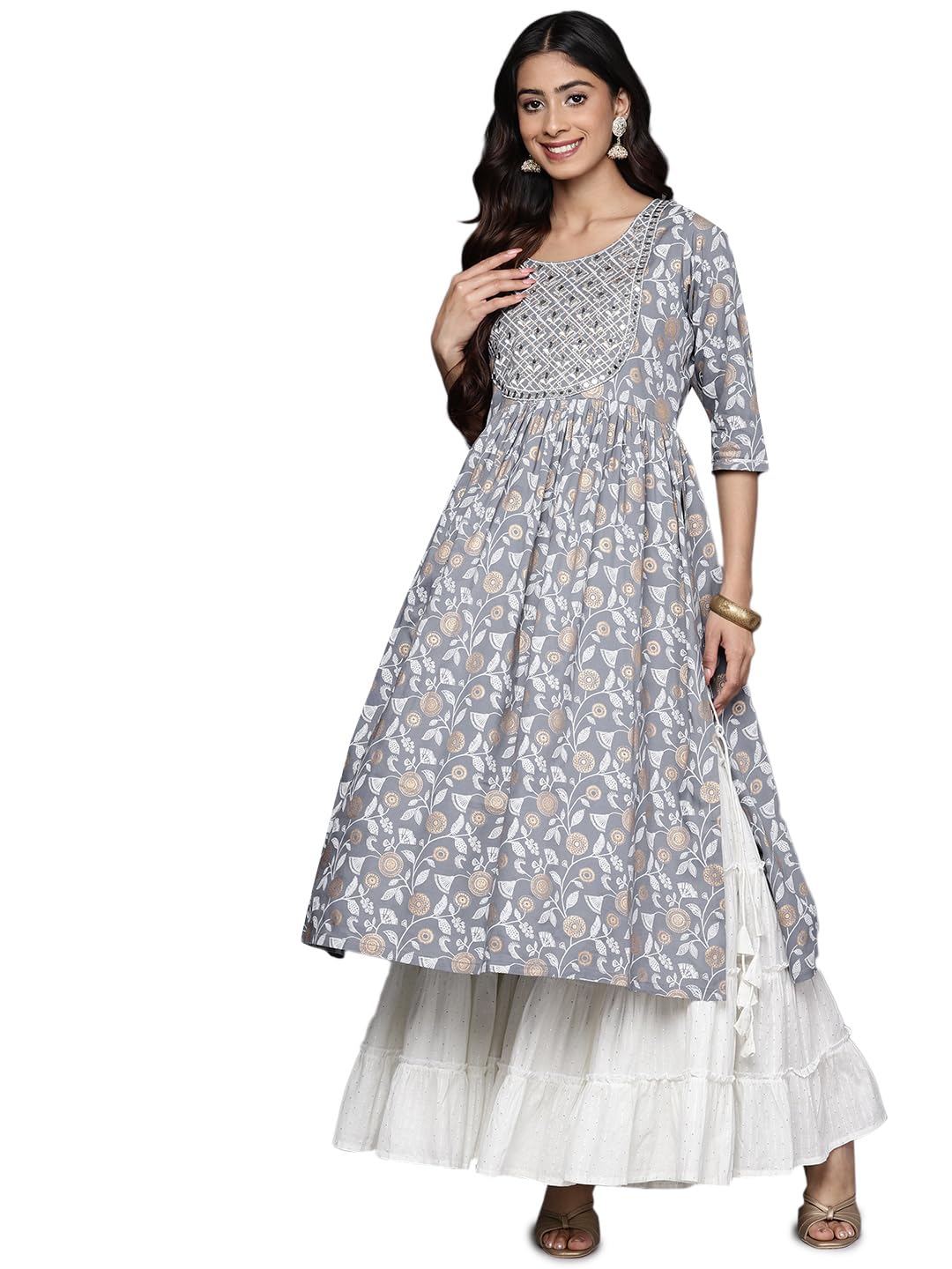 Libas Womens Printed Viscose A-Line Kurta For Women Grey