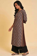 W For Woman Brown Paisley Printed Straight Long Kurta With Coins