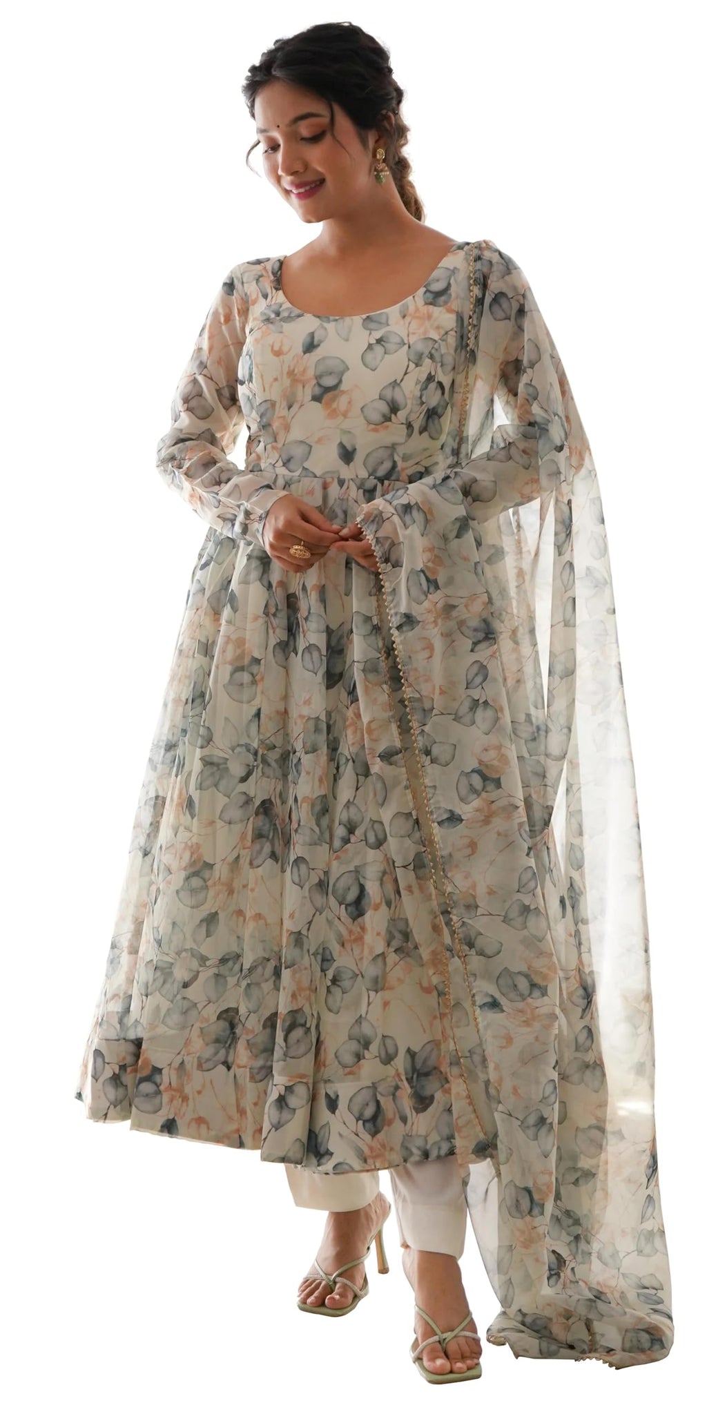 Shasmi Womens White Grey Georgette Anarkali Floral Printed Kurta with Pant & Dupatta (Dress 114 White Grey XL)