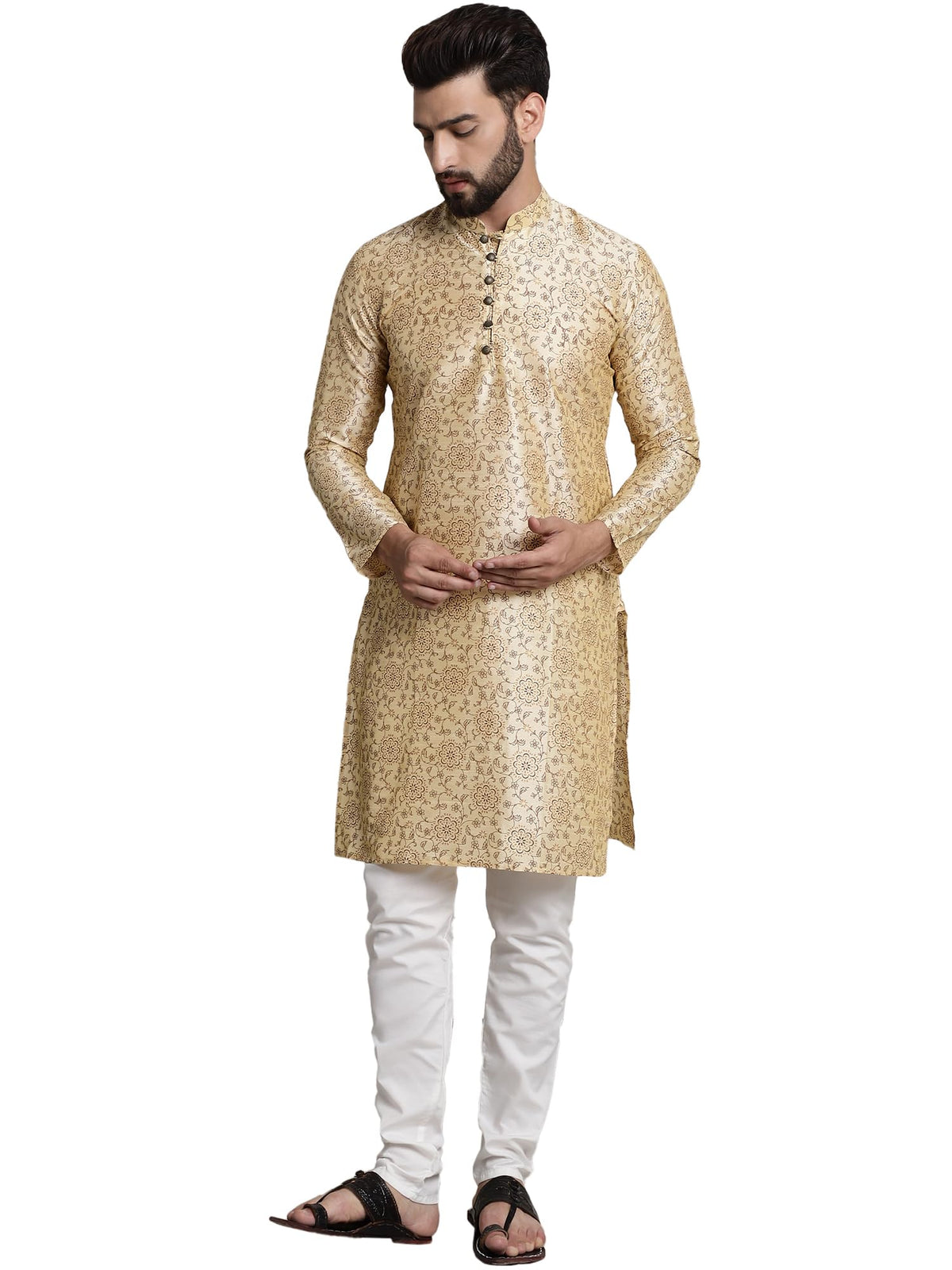 SOJANYA (Since 1958 Mens Silk Blend Beige printed Kurta and White Churidar Pyjama Set