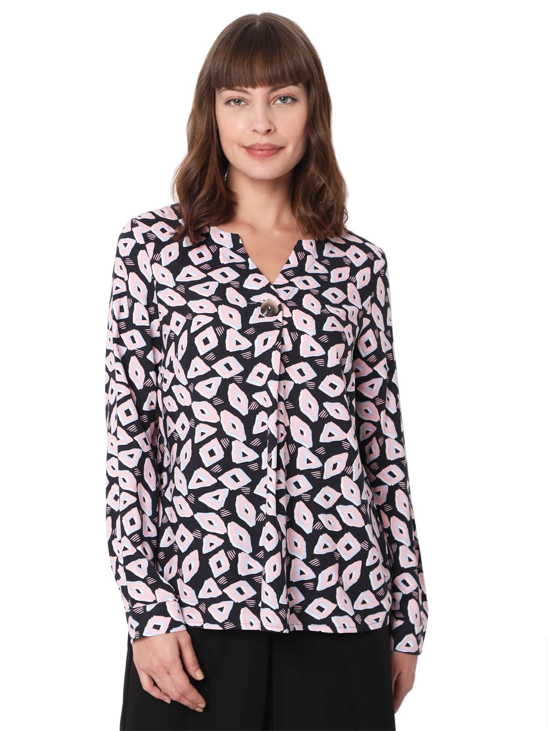 Vero Moda Printed Viscose V-Neck Womens Top (S22Vm10277625021, Navy, Extra Small)