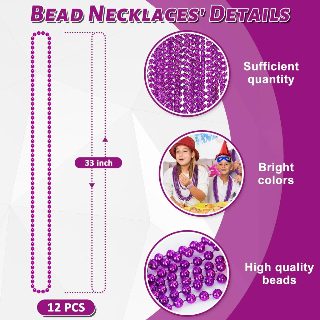 EOBOH Mardi Gras Beads, 12PCS Purple Bead Necklace Party Favors, 33 Bead Necklaces Accessory Set Women Men, Festival Parade Thro