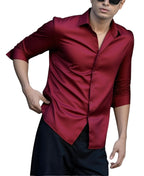 Indoprimo MenS Casual Button Down Long Sleeve Satin Plain Shirt Red
