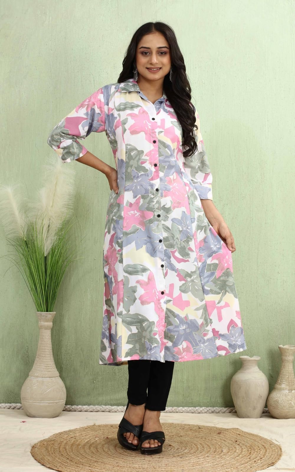 Kesudi A Line Dresses For Women Western Rayon Floral One Piece Dress For Women | Stylish Flared Roll Tab Sleeve | Knee Length Mi
