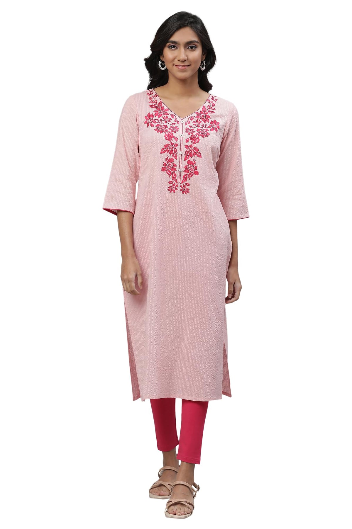 Pink Embroidered Seer Sucker Kurta (Size: L)-24FEA14490-606206