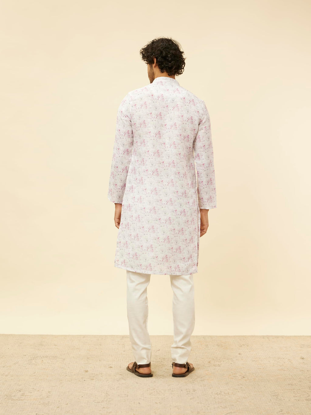 Manyavar Mens Soft White Floral Printed Kurta