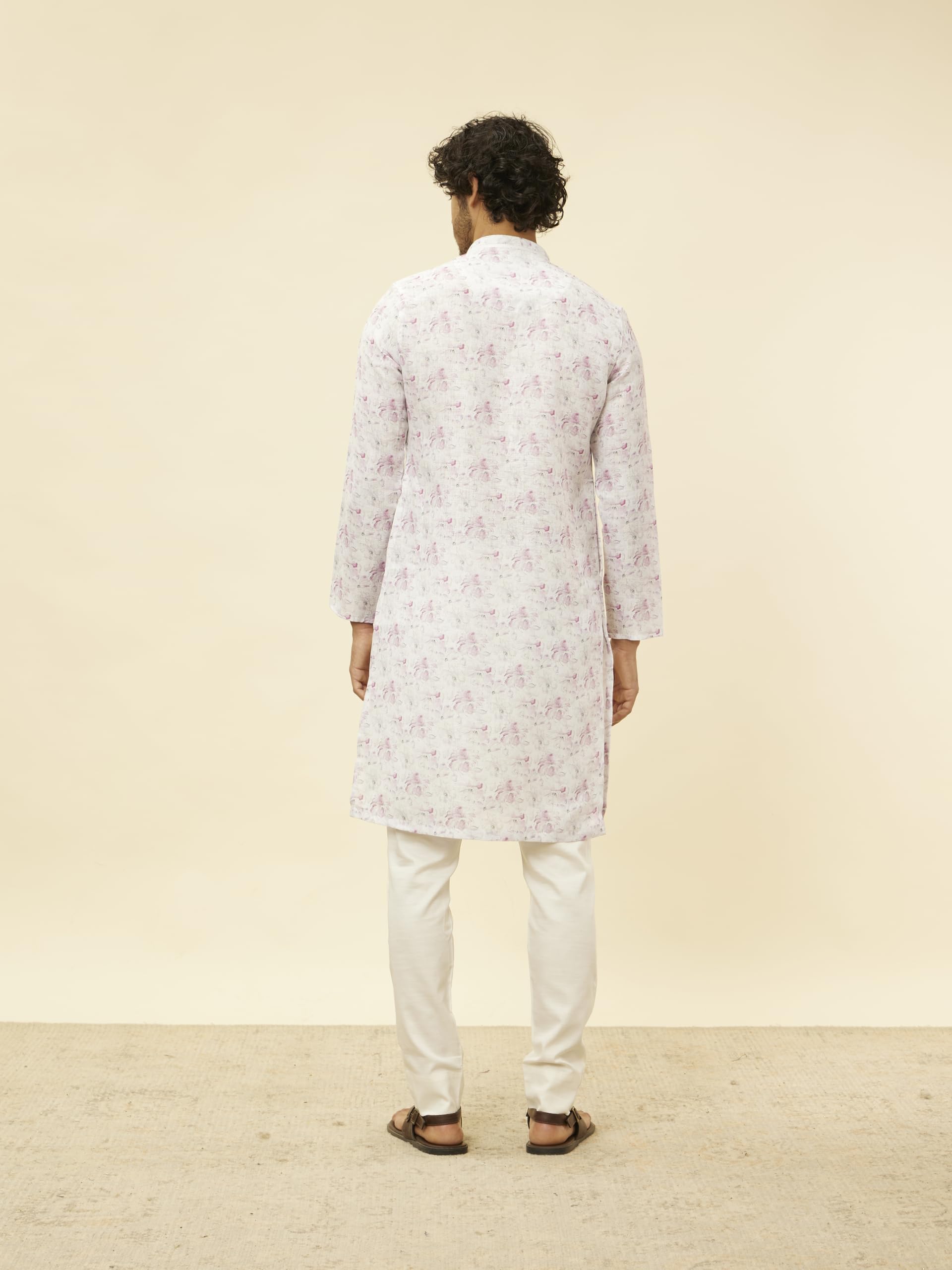 Manyavar Mens Soft White Floral Printed Kurta
