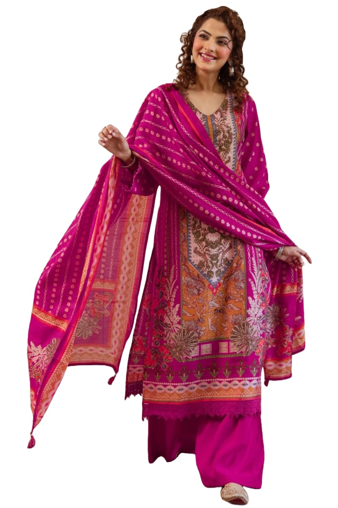 ANNI DESIGNER Womens Rayon Viscose Straight Printed Kurta with Palazzo & Dupatta (Fabian Rani_S_Rani_Small)