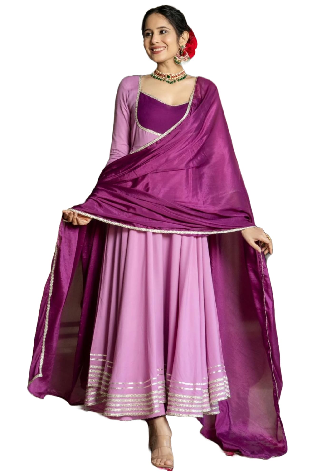 ANNI DESIGNER Womens Rayon Blend Solid Anarkali Kurta with Pant & Dupatta (KUSPARI Lavender_M_Purple_Medium)