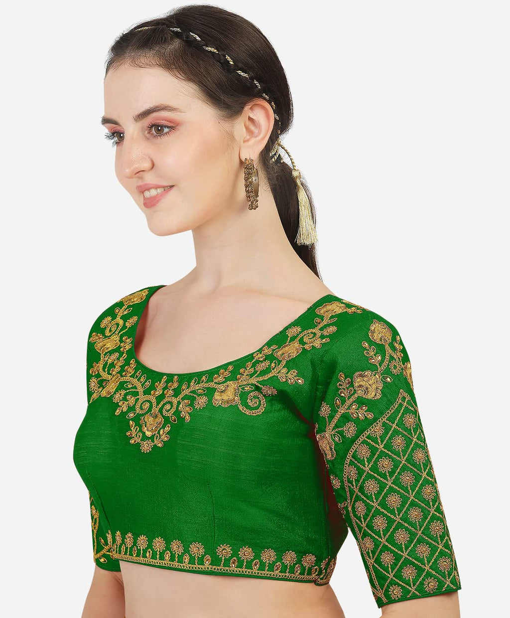 Pujia Mils Womens Silk Embroidery Half Sleeve Blouse