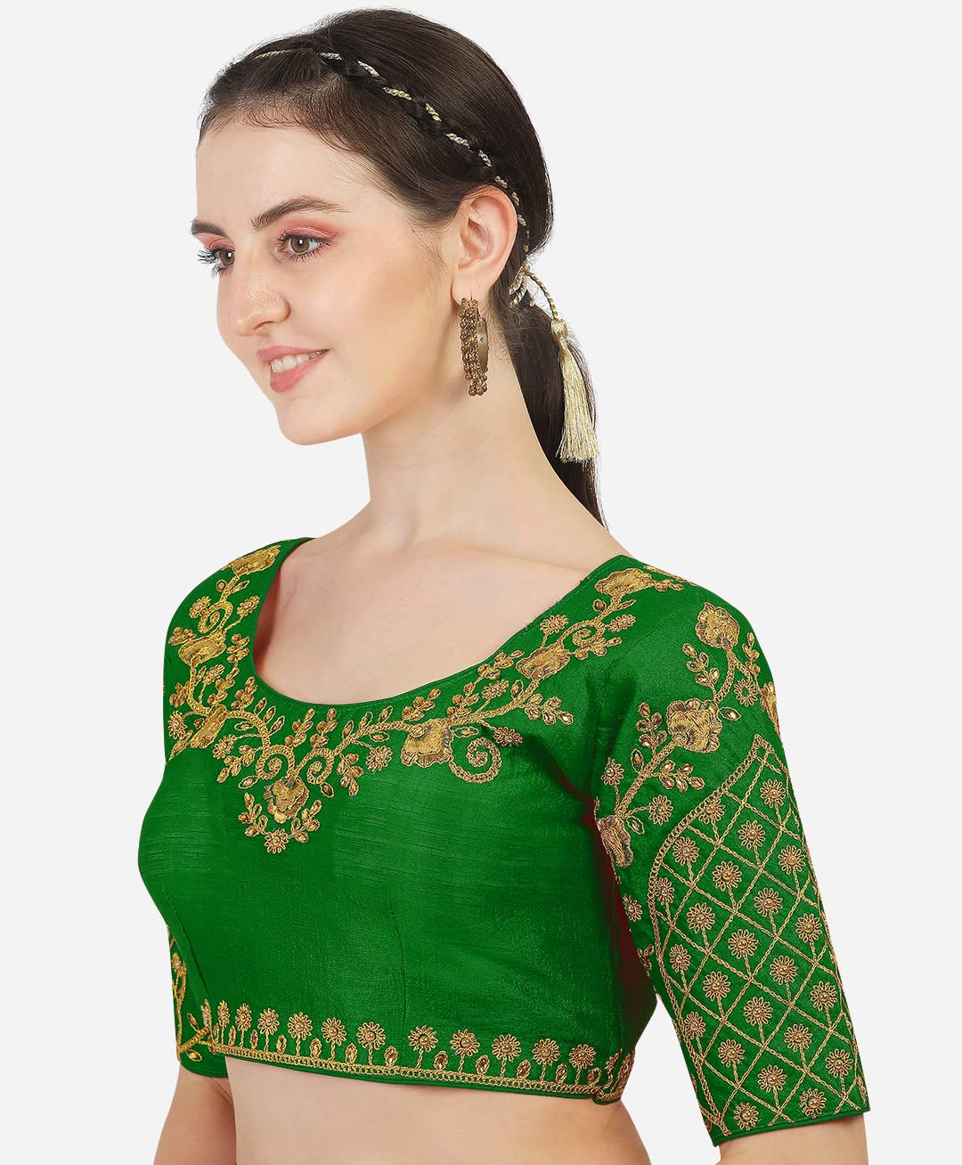 Pujia Mils Womens Silk Embroidery Half Sleeve Blouse