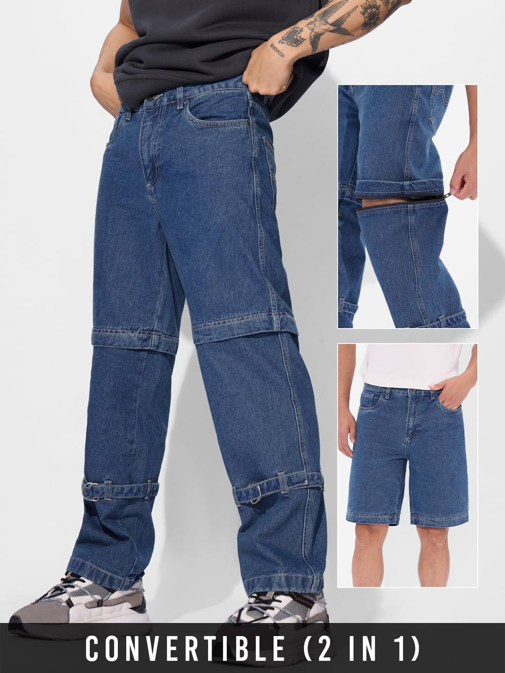 The Souled Store Convertible Jeans: Steel Blue Men and Boys Buttoned Convertible to Shorts Cotton Baggy Fit Jeans