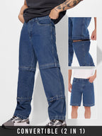 The Souled Store Convertible Jeans: Steel Blue Men and Boys Buttoned Convertible to Shorts Cotton Baggy Fit Jeans