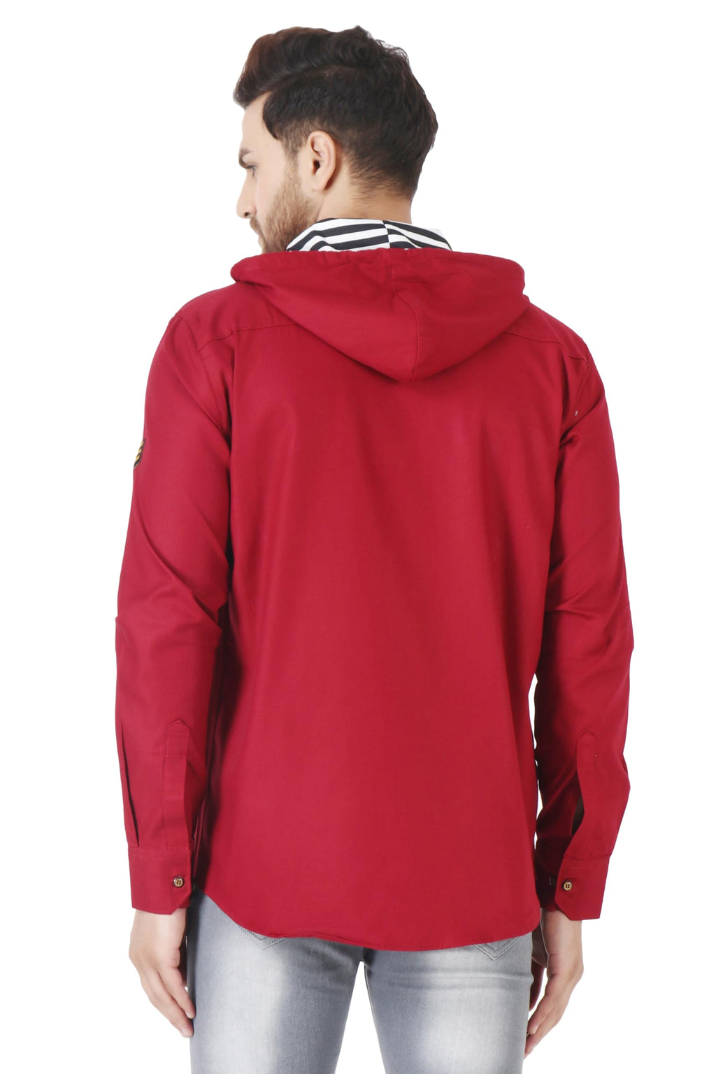 Besix MenS Red Tailored Fit Cotton Blend Shirt For Man With Hoodie - Casual Long Sleeve Shirt With Pockets - Patch Detail For S